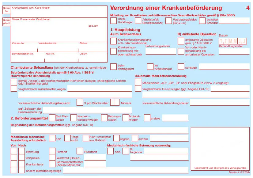 Verordnung einer Krankenbeförderung Formular für Krankenfahrten in NRW